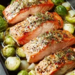 Garlic Roasted Salmon & Brussels Sprouts Recipe First Image